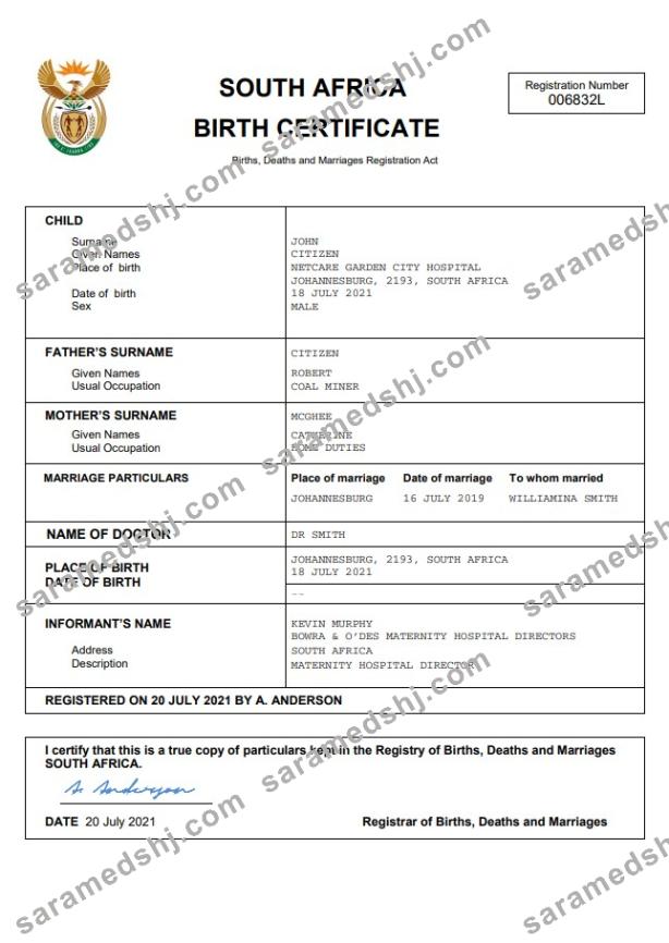 South Africa vital record birth certificate Word and PDF template